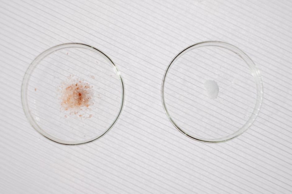 Top view of a minimalist chemistry experiment with two petri dishes on a white background.
